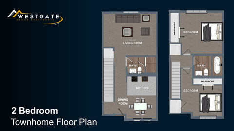 A floor plan of a 2 bedroom townhome layout.
